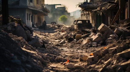 A rubble filled war zone with fires and burnt out cars.