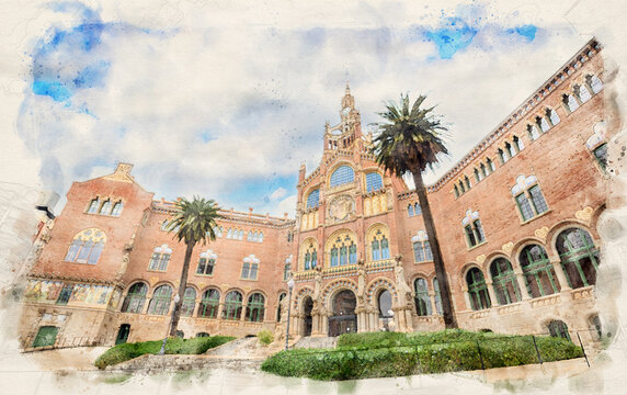 Hospital de la Santa Creu i Sant Pau complex in Barcelona, Spain in watercolor style illustration
