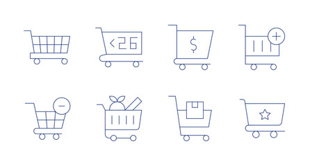 Shopping cart icons. Editable stroke. Containing market research, trolley, cart, shopping cart, remove from cart.