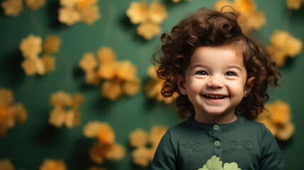 small cheerful child in a green suit, boy, St. Patrick's Day, Ireland, clover, shamrock, traditional holiday, carnival costume, kid, baby, childhood, Irishman, smile, portrait, emotional face, cute - obrazy, fototapety, plakaty