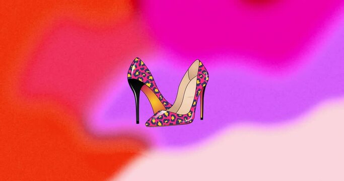 Animation of high heels with leopard print on colourful background