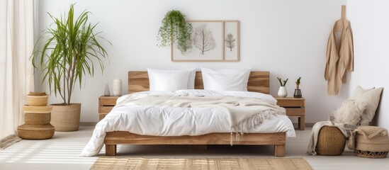 Ecologically friendly Scandinavian-style bedroom with white walls and rustic boho mirror.