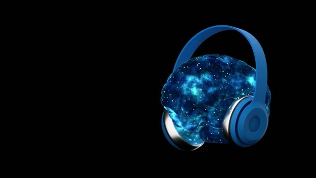 artificial intelligence in headphones, dancing and listening to music, concept in the form of a human brain, sci-fi style, 3D rendering