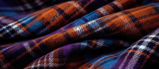 Close-up of Scottish wool fabric with brown checkered pattern and vibrant colored threads, suitable for plaid coat and suit. Background. - obrazy, fototapety, plakaty