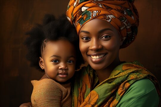 Photograph of African mother holding baby personality is laid-back, smart