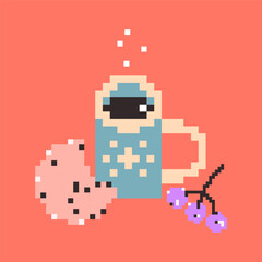 Vector illustration, postcard, design, breakfast print. Coffee, berries, croissan. Pixel art