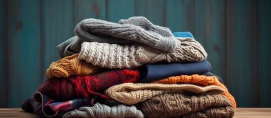 Donating warm knitted clothes, second-hand sweaters for comfort at a thrift shop, in the hygge style.