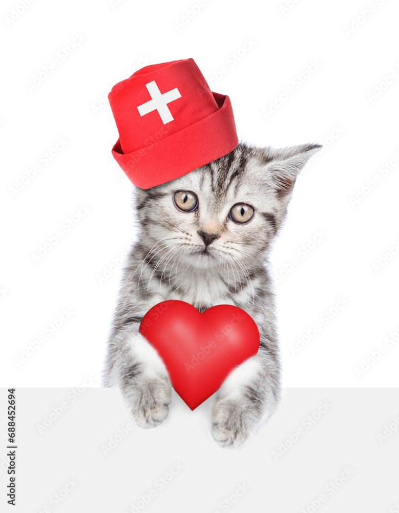 Poster cat dressed like a doctor holds red heart above empty white banner. isolated on white background