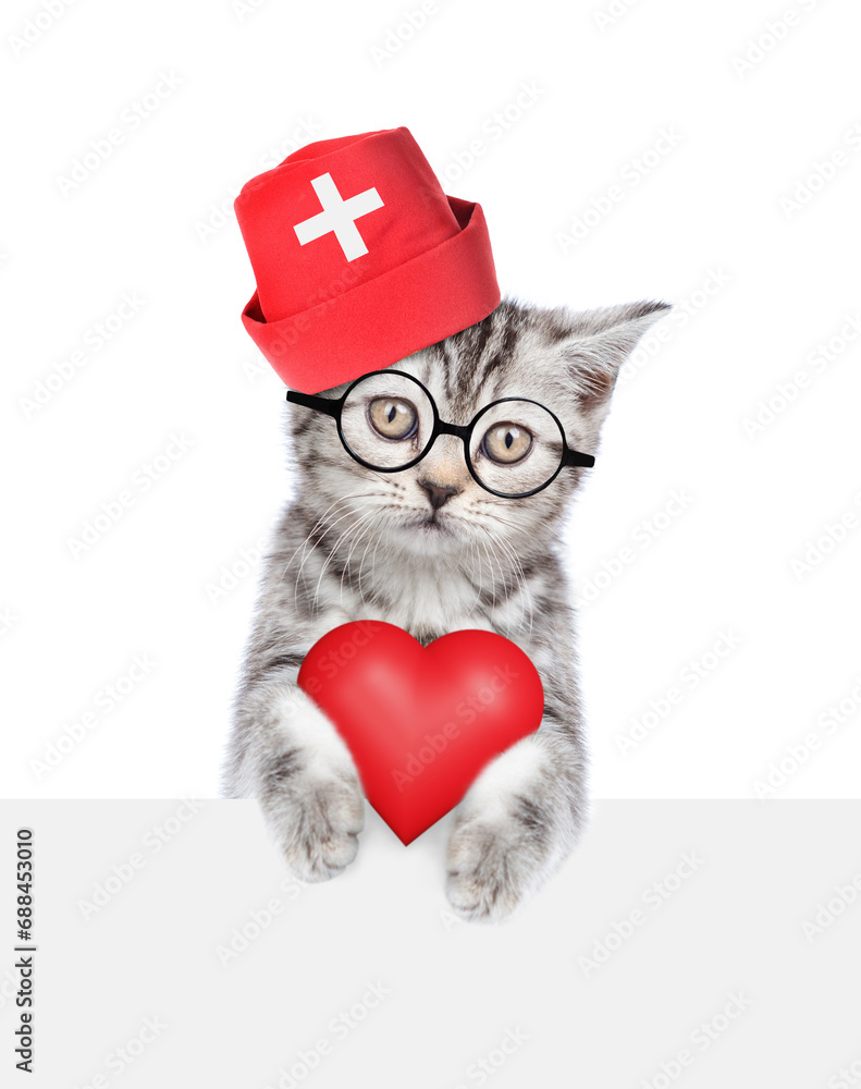 Poster cat dressed like a doctor holds red heart above empty white banner. isolated on white background