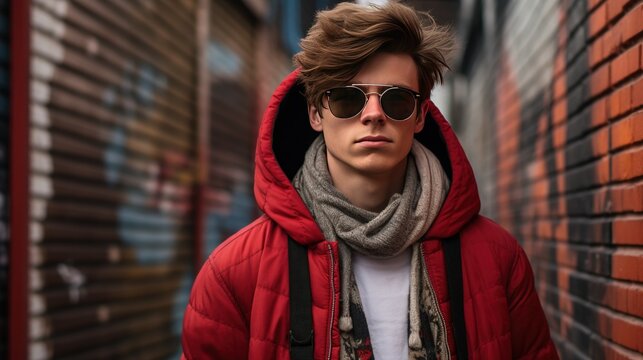 A Hyper-realistic Cool Boy, Leaning Against A Graffiti-covered Wall In An Urban Setting, With A Confident Smirk And Fashionable Streetwear