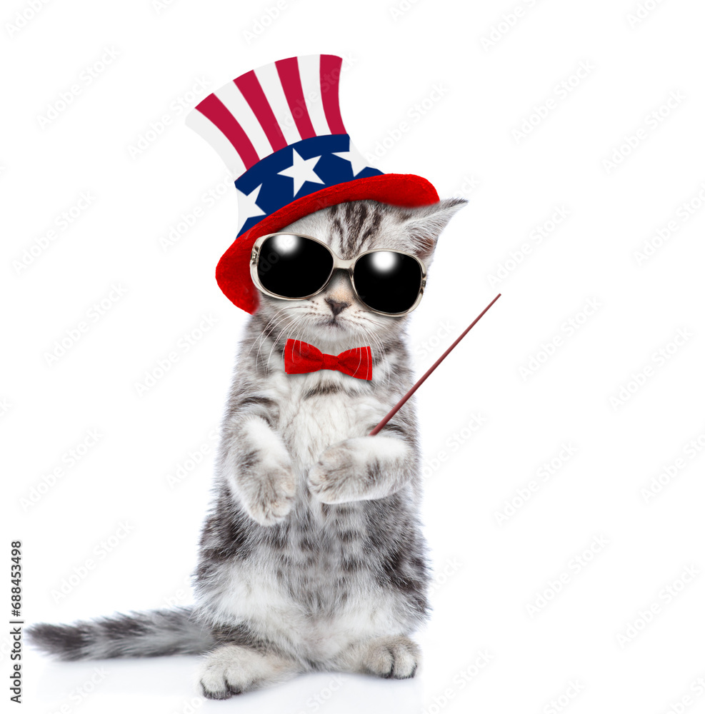 Poster cute kitten wearing like uncle sam points away on empty space. isolated on white background