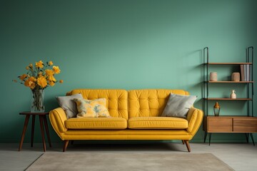 Colorful and trendy living room design using yellow and blue accents, sofa, table, chairs, bolsters. - obrazy, fototapety, plakaty