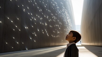 Boy in Front of Illuminated Wall