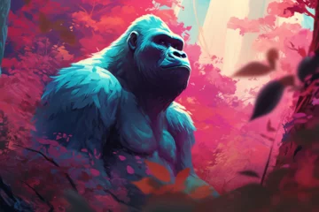 Muurstickers painting style landscape background, a gorilla in the forest © Yoshimura