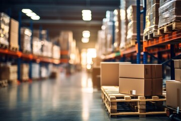 A warehouse full of shelves in boxes with pallets and forklifts. Logistics and transportation Blurred the background - obrazy, fototapety, plakaty