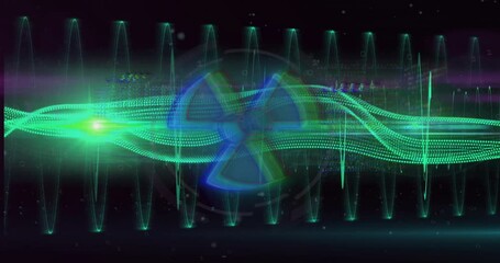 Animation of nuclear symbol over data processing and light trails on black background - Powered by Adobe