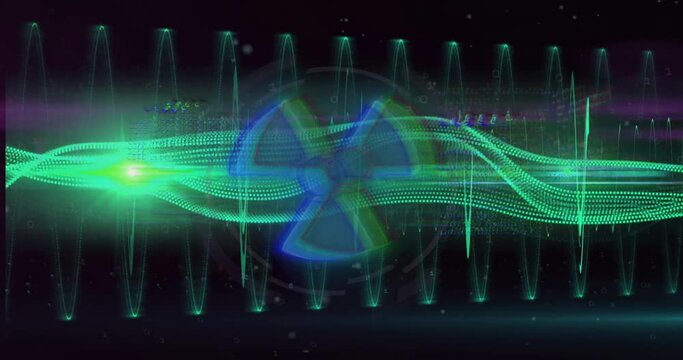 Animation of nuclear symbol over data processing and light trails on black background