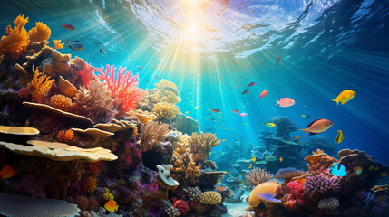 A colorful coral reef with many different types