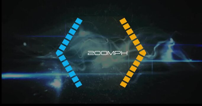 Animation of data processing with growing mph number over light trails on black background