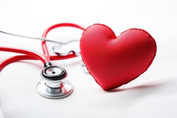 Stethoscope and red heart symbol on white background. Healthcare and medicine.