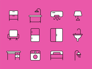 Furniture Set Icons, Line and Pixel Perfect Icons, Pink black