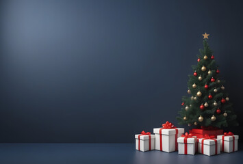 Christmass background for Hollidays. Birthday Christmas theme, Christmas tree on a dark blue background with colorful gifts 