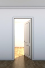 Open door in room on white ground, in the style of flickering light