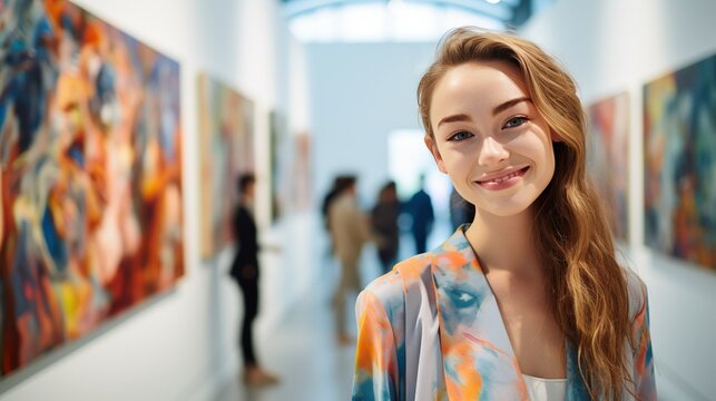 A hyper-realistic smiling girl, standing in a modern art gallery surrounded by vibrant, abstract paintings, each stroke of color reflecting in her eyes