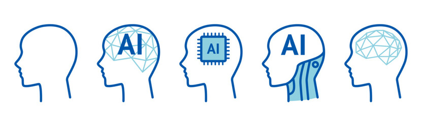 思考するAI (Artificial Intelligence) の横顔イメージイラストセット