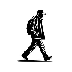 Man with backpack walking Logo Monochrome Design Style