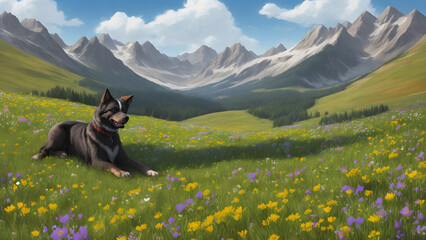 Black dog lies on a hillside meadow with colorful flowers, in the background, a mountain view.