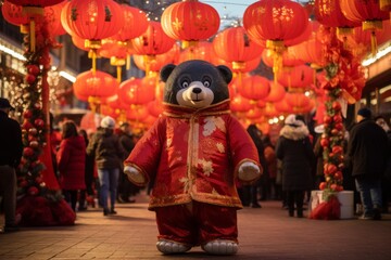 A bear, dressed in Chinese costume, enjoys the New Year amid red lanterns. Fireworks light up the sky, celebrating the start of the Chinese New Year.