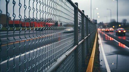 Fototapeta premium Steel Fence In Rainy Day With High Traffic Road