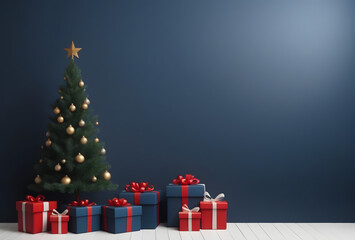 Christmass background for Hollidays. Birthday Christmas theme, Christmas tree on a dark blue background with colorful gifts 