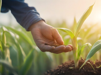 Farmer's hands sprinkle soil on the base of young corn in the field. Generative AI technology