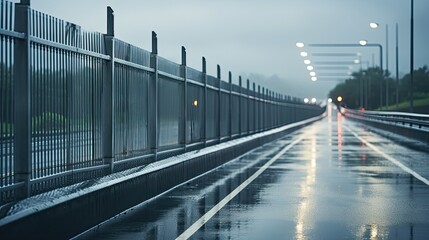 Steel Fence In Rainy Day With High Traffic Road