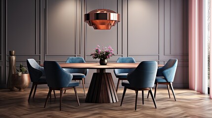 Luxury dining room interior with grey walls, wooden floor, round table and chairs. Created with Ai