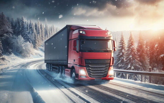 Red big rig commercial semi truck transporting cargo in dry van semi trailer running on the wet turning road with winter forest at snowing weather.