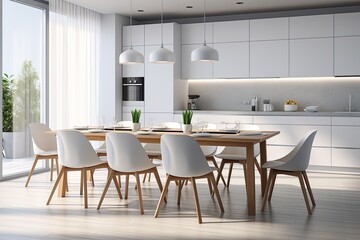 Dining room interior design with white cabinets, oven, wooden table and chairs. Created with Ai