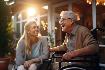 Smiling young woman spends time with elderly man in wheelchair. Family care and support.