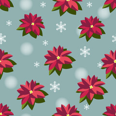 Poinsettia flowers and snowflakes on a gray background. Red flowers and snow on gray. Flat style. Isolated. Seamless pattern with editable stroke. Background for decor.
