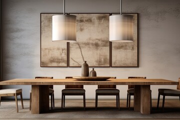 Modern dining room interior with grey walls, poster, wooden table and chairs. Created with Ai
