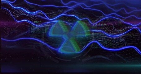 Animation of data processing with nuclear symbol over light trails on black background - Powered by Adobe