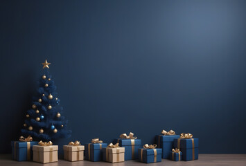 Christmass background for Hollidays. Birthday Christmas theme, Christmas tree on a dark blue background with colorful gifts 