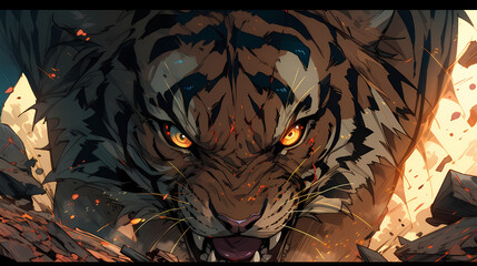 Fototapeta na wymiar Anime Style Tiger Fierce Portrait