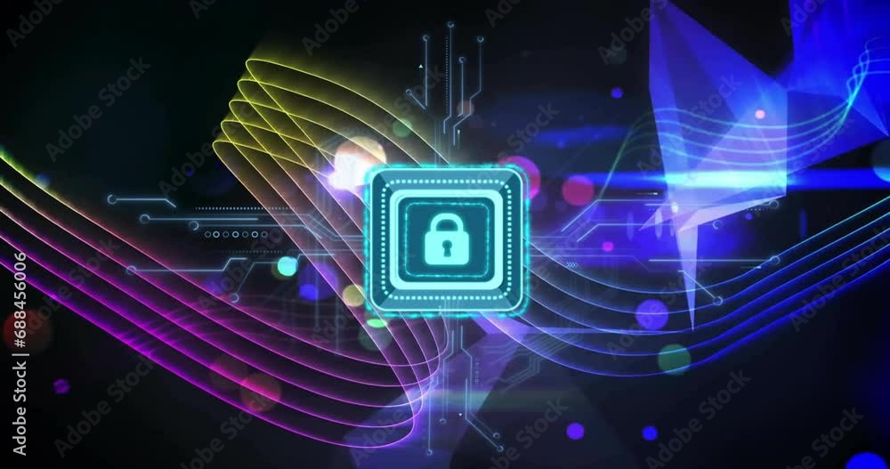 Poster animation of padlock icon with computer circuit board over light trails on black background