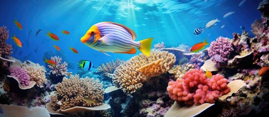 Stunning underwater world with corals, tropical fish, and a photo of a fish on a coral reef.
