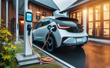 Generic electric vehicle EV hybrid car is being charged from a wallbox near a contemporary modern residential building house.