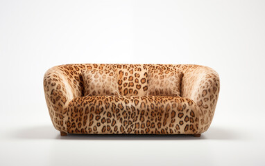 Modern leopard print sofa with two pillows isolated on white background. Animal print couch
