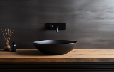 Stylish black vessel sink and faucet on wall mounted wooden countertop near concrete tiled wall with copy space. Minimalist interior design of modern bathroom